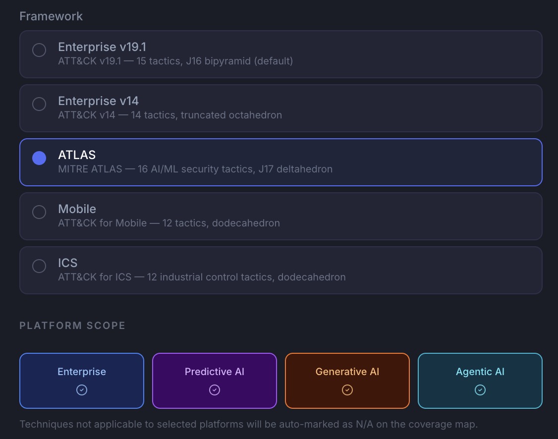 SACMS framework-aware coverage interface showing framework selection and platform scope
